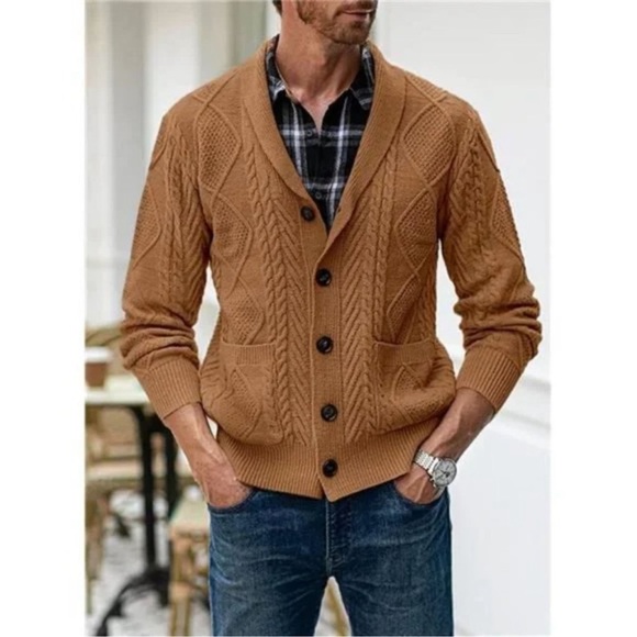 New Men's Casual Cardigan Sweater with Pockets Camel